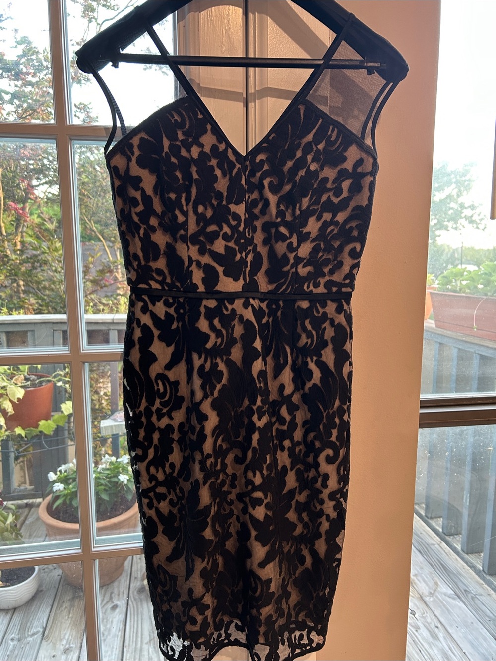 Maggy London Black Lace Overlay Midi Dress with Nude Underlay